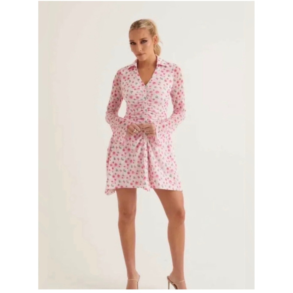 Alana Eve Pink Floral Mesh Ruched Button Front Mini Dress‎ Long Sleeve XS